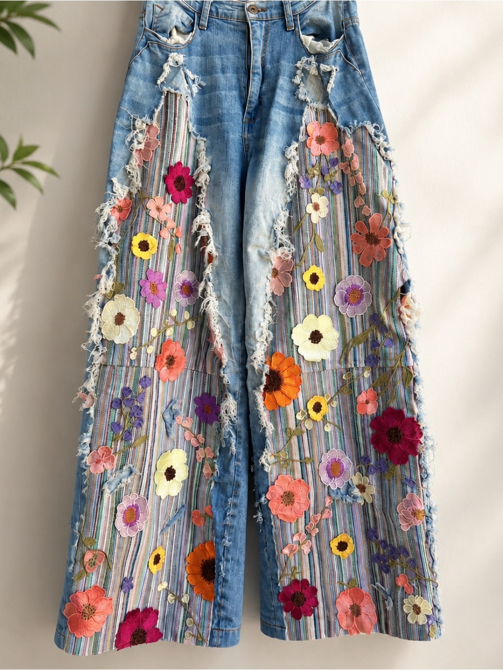 Distressed Floral Embroidered Wide Leg Jeans - Flower Garden OOAK Couture